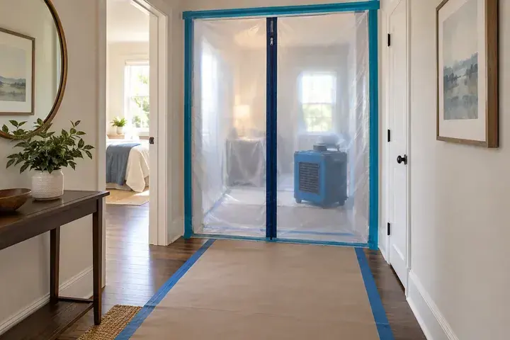 Plastic containment wall with a zipper door sealing off a room being dried