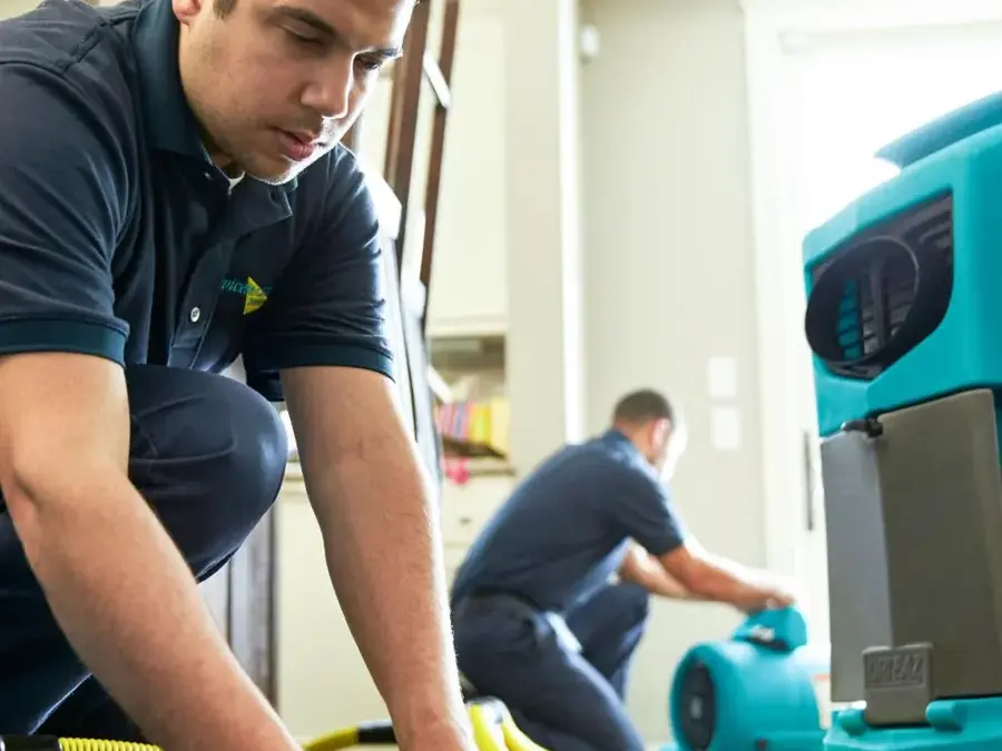 Two technicians running yellow drying hoses and an air mover to pull water out of a wet room