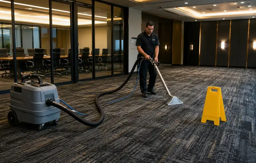 Technician running a carpet extractor across a commercial meeting room floor