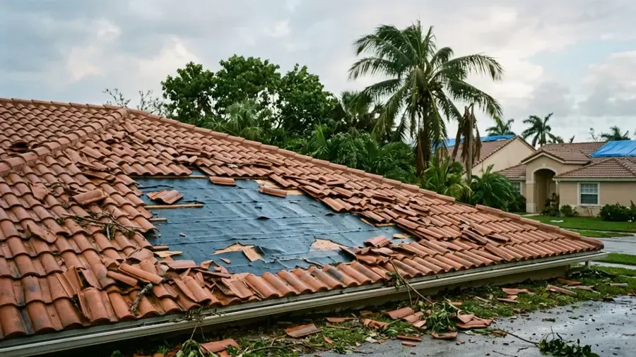 Clay tile roof with a section of tiles torn away to the underlayment after a storm, palm trees behind
