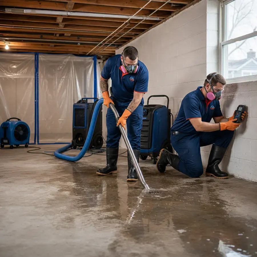 Technicians in respirators extracting contaminated water from a concrete floor and checking a wall with a meter